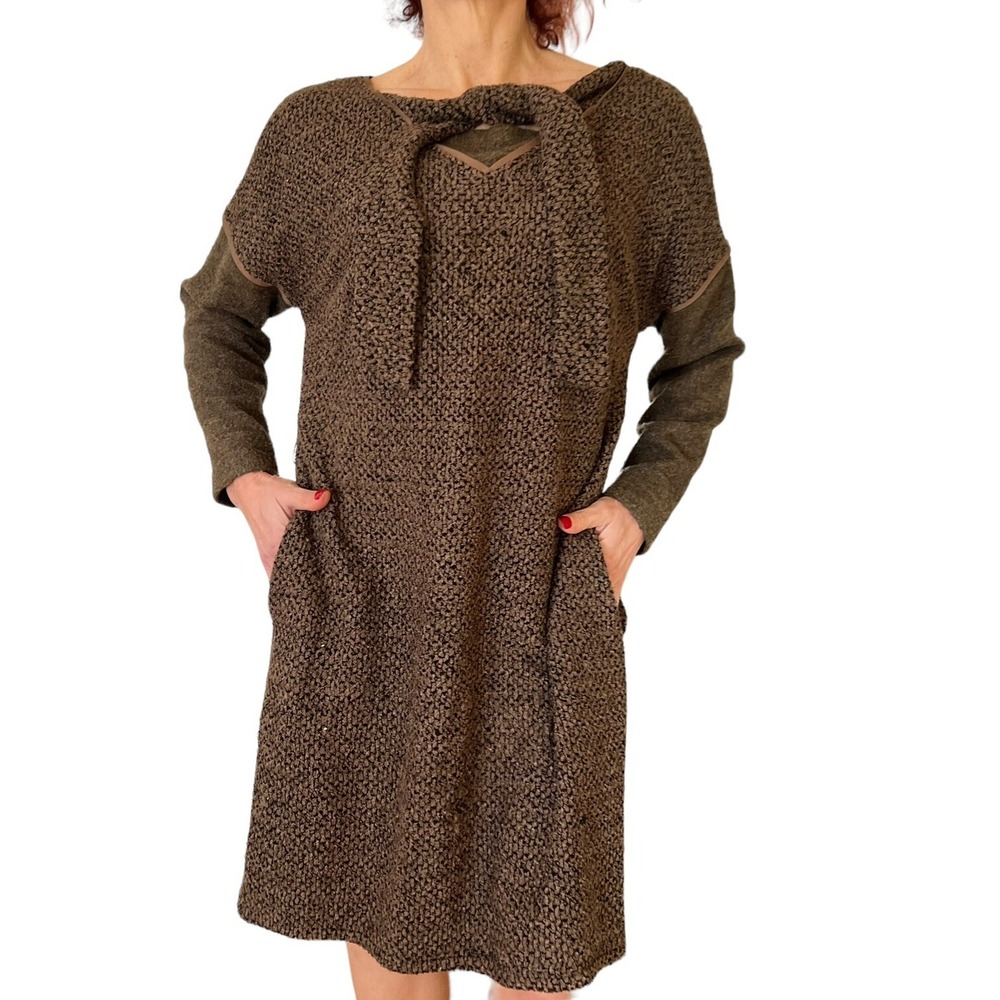 ESCADA WOMEN'S BROWN BOUCLE WOOL KNIT ZIP SLEEVE MINI SHIFT DRESS NECK TIE 42 12
